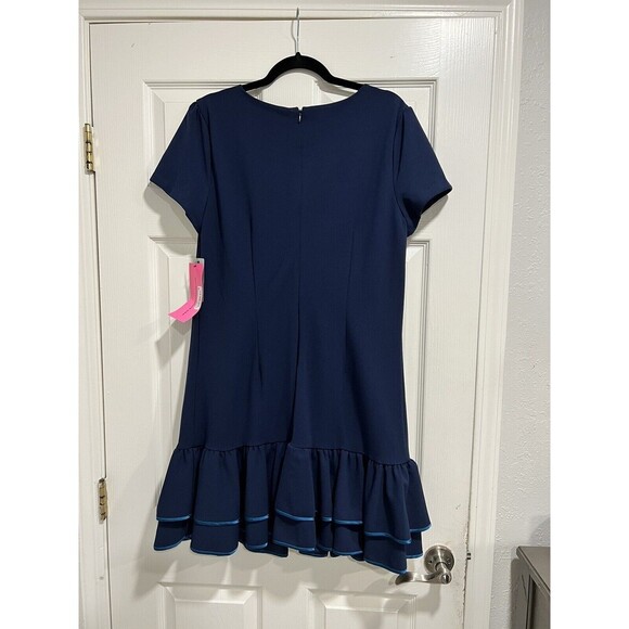 Betsey Johnson Classic Ruffle Hem Puff Sleeve Sheath Dress Navy Blue Size 14 - Picture 2 of 6